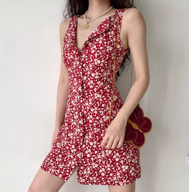 Retro A Line V-neck Buttons Print Floral Short Skirt Women Teenage Girl Summer Vacation Dress D2176
