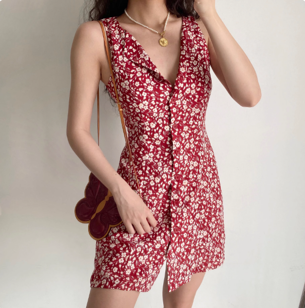 Retro A Line V-neck Buttons Print Floral Short Skirt Women Teenage Girl Summer Vacation Dress D2176
