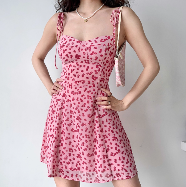 Sweet A Line Spaghetti Straps Print Floral Short Skirt Women Teenage Girl Summer Date Dress Vaccation Dress D2178