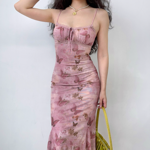 Beauty Spaghetti Straps Asymmetrical Hem Print Butterfly Skirt Women Teenage Girl Summer Date Dress Vacation Dress D2179