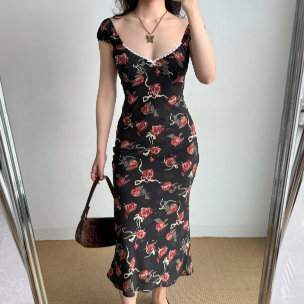 Vacation Print Rose Fitted Skirt Women Teenage Girl Summer Date Dress Seaside Dress D2179