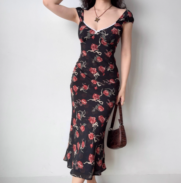 Vacation Print Rose Fitted Skirt Women Teenage Girl Summer Date Dress Seaside Dress D2179