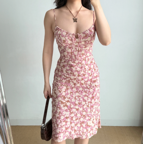 Retro Spaghetti Straps Print Lace up Women Teenage Girl Summer Date Dress Vacation Dress D2184