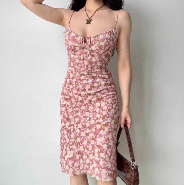 Retro Spaghetti Straps Print Lace up Women Teenage Girl Summer Date Dress Vacation Dress D2184