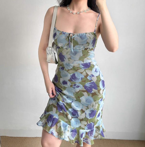 Seaside Spaghetti Straps Lace up Print Flower Ruffle Teenage Girl Women Summer Date Dress Vacation Dress D2186