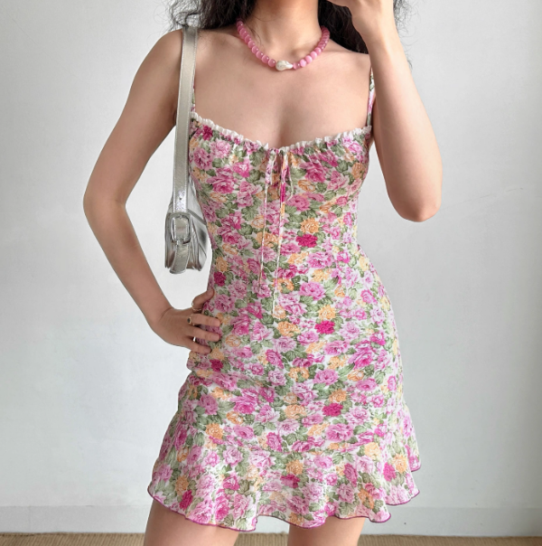 Charming Spaghetti Straps Lace up Print Floral Short Skirt Teenage Girl Women Summer Date Dress Seaside Dress D2188