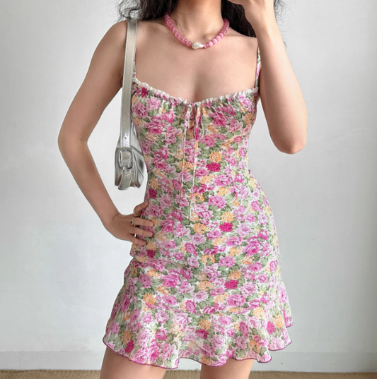 Charmante jupe courte à bretelles spaghetti et lacets, imprimé floral, pour adolescentes, robe d'été pour rendez-vous, robe de bord de mer D2188