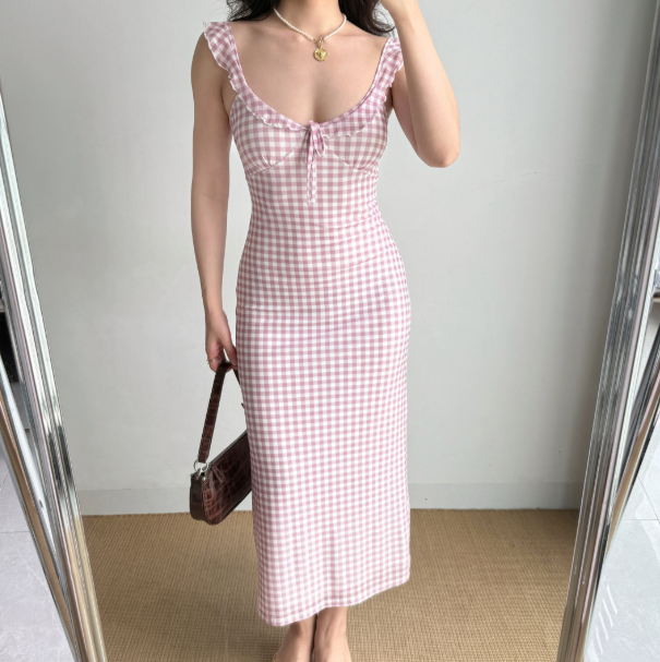 Sweet Ruffle Straps Pink Checkered Lace up Teenage Girl Women Summer Date Dress Seaside Dress D2189