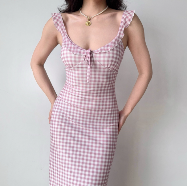 Sweet Ruffle Straps Pink Checkered Lace up Teenage Girl Women Summer Date Dress Seaside Dress D2189