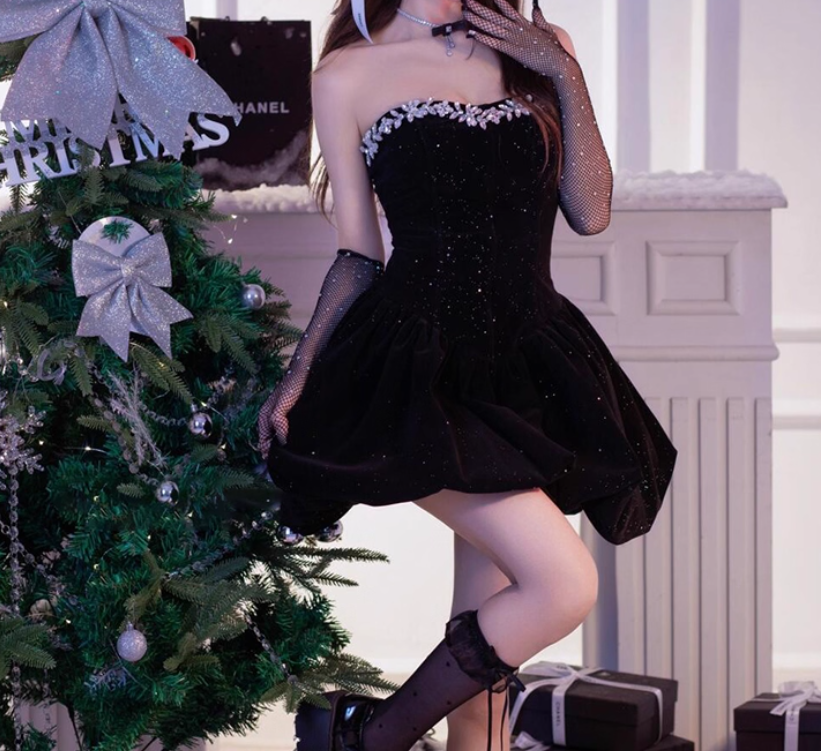 Shiny Black Strapless Crystal Short Prom Dress Back to School Outfits Homecoming Dress Quinceanera Dress Party Dress D2197