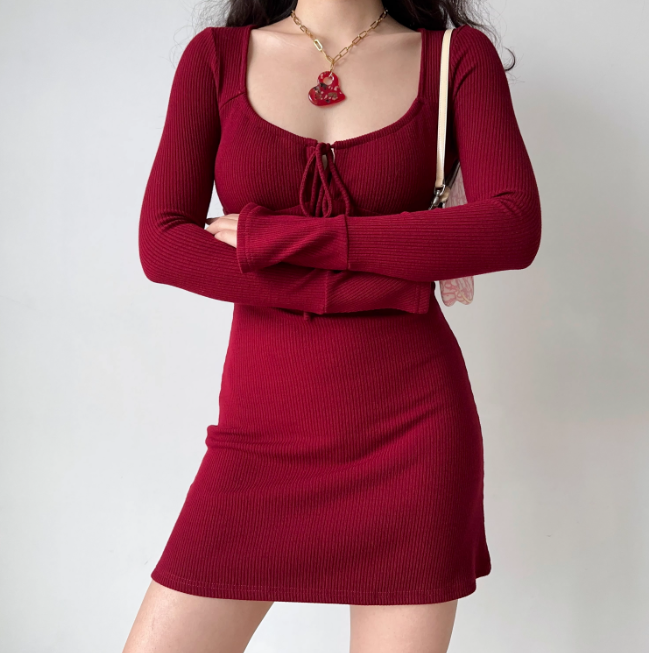 Versatile Square Neckline Long Sleeves Fitted Short Skirt Women Teeage Girl Dress D2204