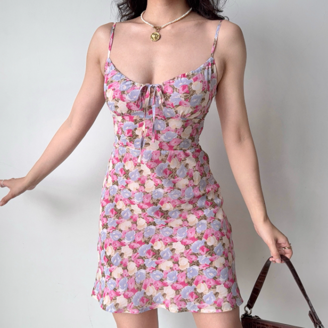 Vacation A Line Spaghetti Straps Print Short Skirt Women Teenage Girl Summer Date Dress D2211