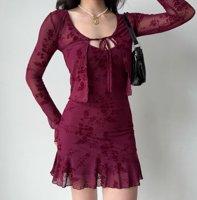 Vintage Print Two-piece Set Short Skirt Women Summer Vacation Date Dress D2218