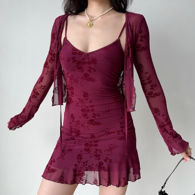 Vintage Print Two-piece Set Short Skirt Women Summer Vacation Date Dress D2218