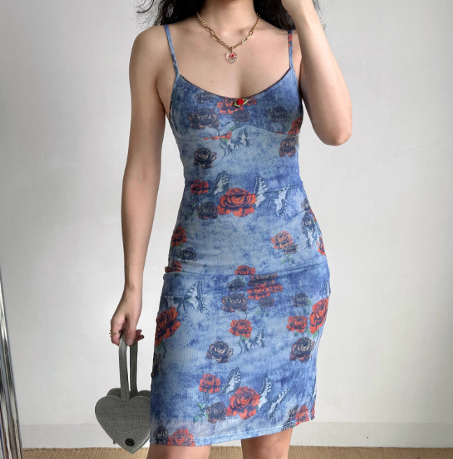 Retro Spaghetti Straps Print Fitted Knee Length Skirt Women Summer Vacation Date Dress D2219