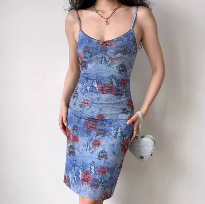 Retro Spaghetti Straps Print Fitted Knee Length Skirt Women Summer Vacation Date Dress D2219