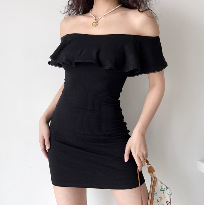 Minimalist Black Off the Shoulder Ruffle Short Fitted Skirt Women Summer Vacation Date Dress D2220