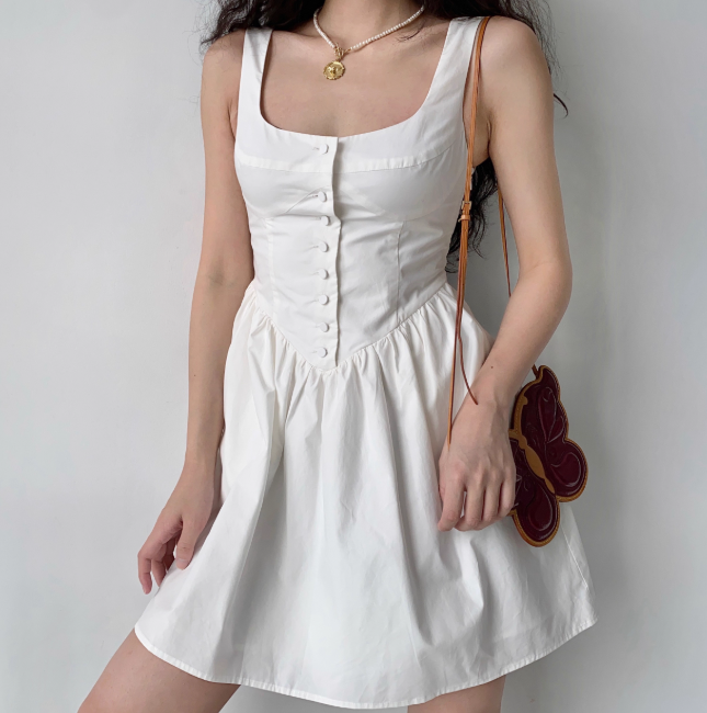 Minimalist White A Line Square Neck Button Short Skirt Women Summer Casual Dress D2221