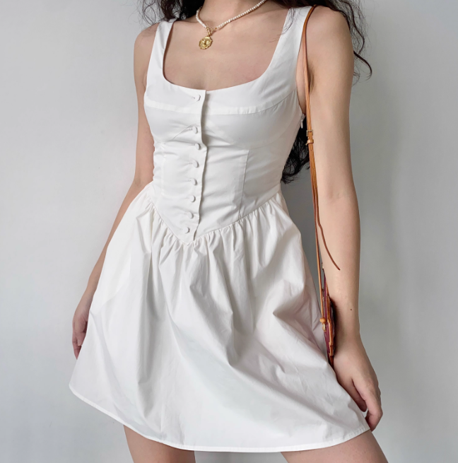 Minimalist White A Line Square Neck Button Short Skirt Women Summer Casual Dress D2221