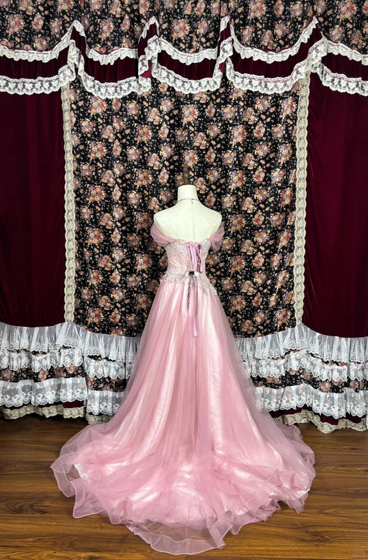 Süßes schulterfreies Tüll-Applikationen bodenlanges Ballkleid Abendkleid Partykleid D2225