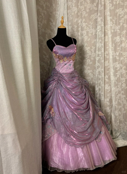 Glänzende Spaghettiträger Applikationen Plissee Ballkleid Langes Ballkleid Abendkleid Partykleid D2233