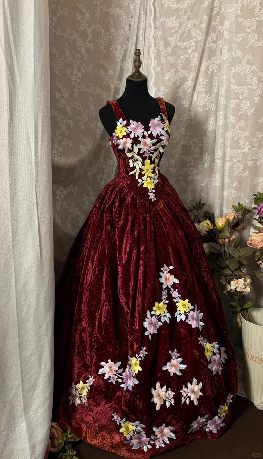 Superbe robe de bal à bretelles en velours brodé, robe de soirée, robe de gala D2241