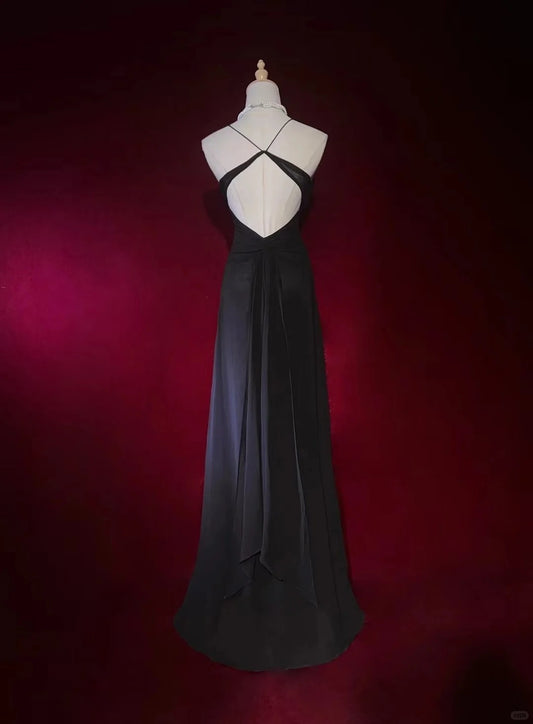 Robe de bal noire élégante à bretelles spaghetti et dos nu en cristal, robe de soirée, robe de danse D2249