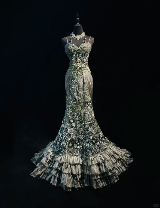Superbe robe de bal à bretelles spaghetti et dos nu en cristal, robe de gala, robe de soirée D2250