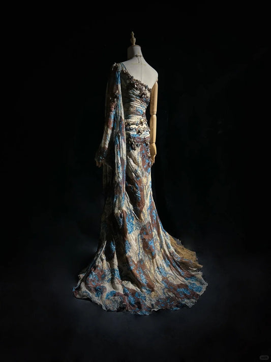Robe de bal énigmatique à manches asymétriques, robe de gala vintage à paillettes, robe de soirée personnalisée D2253
