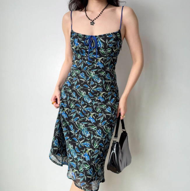 Elegant Vacation Dress Spaghetti Straps Print Women Summer Seaside Dress Teenage Girl Date Dress D2260