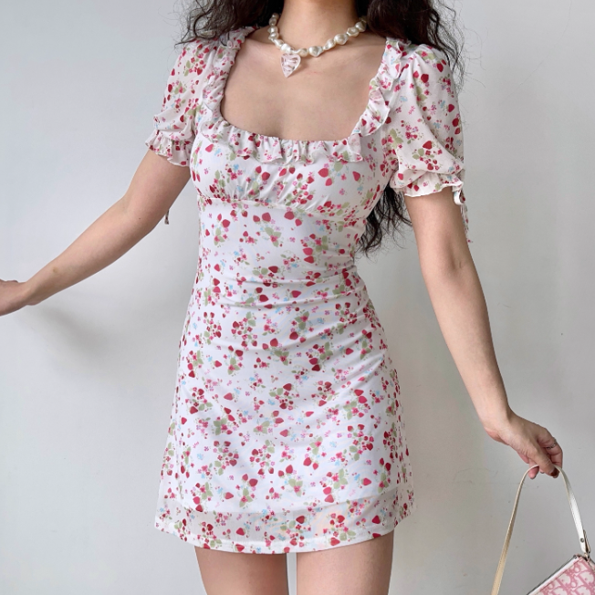 Sweet Women Dress Square Neck Print Ruffle Summer Vacation Seaside Dress Teenage Girl Date Dress D2264