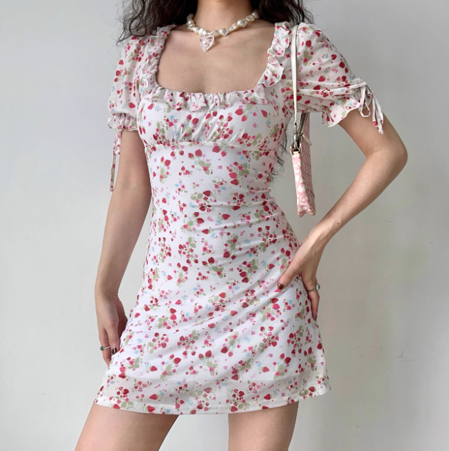 Sweet Women Dress Square Neck Print Ruffle Summer Vacation Seaside Dress Teenage Girl Date Dress D2264