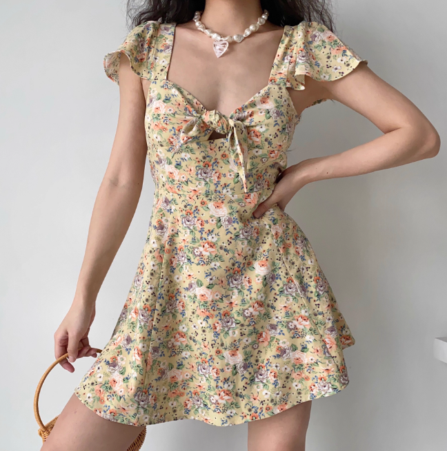 Cute Summer Dress A Line Lace up Print Short Skirt Women Teenage Girl Dress Vacation Outfits D2267
