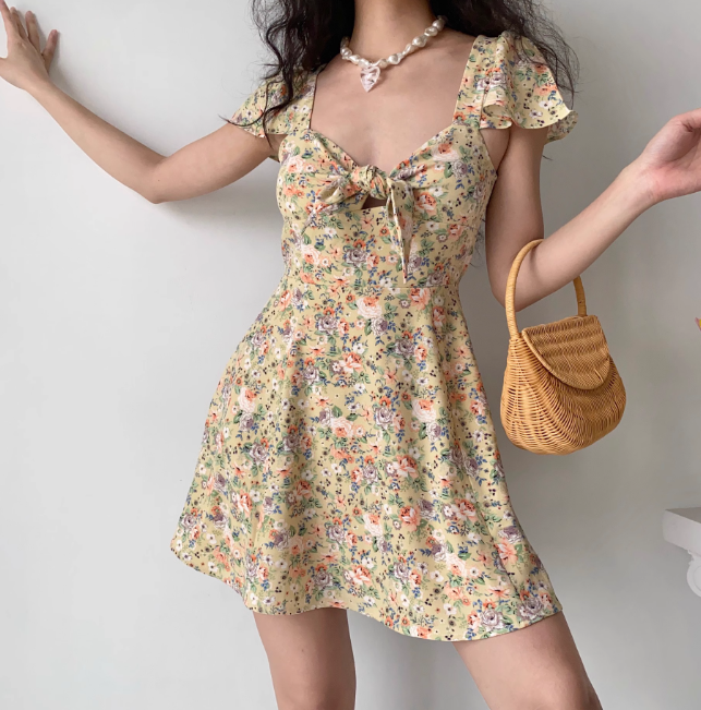 Cute Summer Dress A Line Lace up Print Short Skirt Women Teenage Girl Dress Vacation Outfits D2267