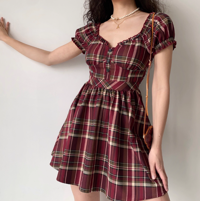 Casual Checkered Dress A Line Off the Shouler Short Skirt Women Teenage Girl Dress D2269