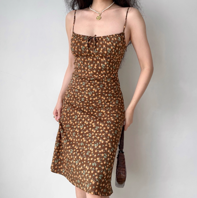 Sweet Knee Length Dress Spaghetti Straps Floral Dress Women Teenage Girl Date Dress D2274