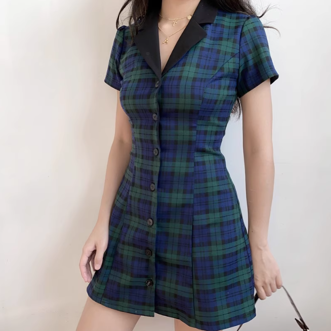 Retro Summer Dress A Line Checkered Short Skirt Women Teenage Girl Everyday Date Dress D2278