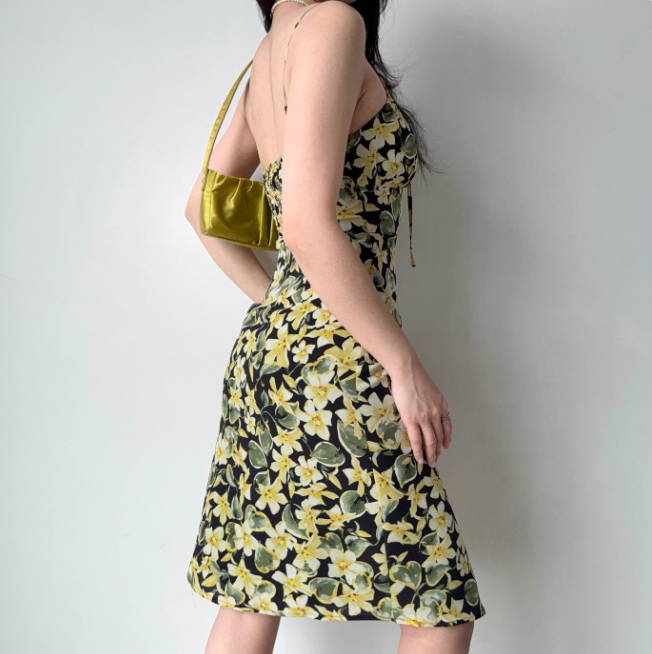 Retro Summer Dress Spaghetti Straps Lace up Floral Short Skirt Women Teenage Girl Vacation Date Dress D2279