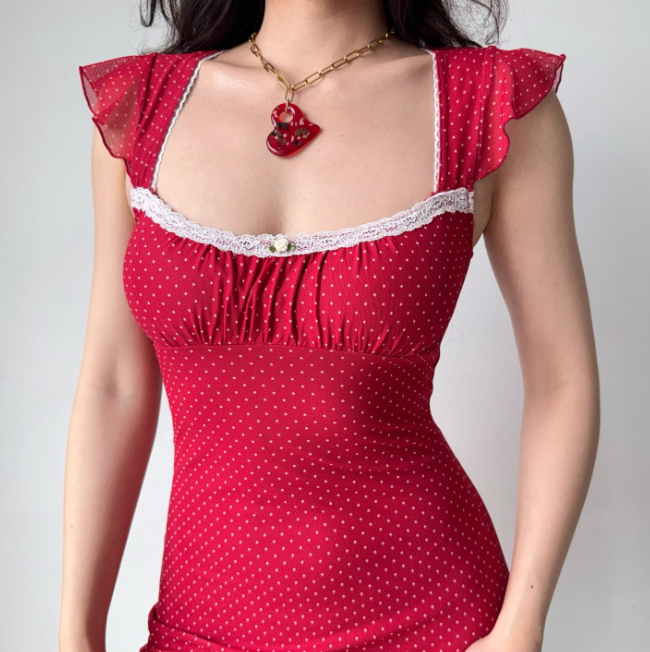 Cute Summer Dress Square Neck Polka Dot Short Skirt Women Teenage Girl Vacation Seaside Date Dress D2281