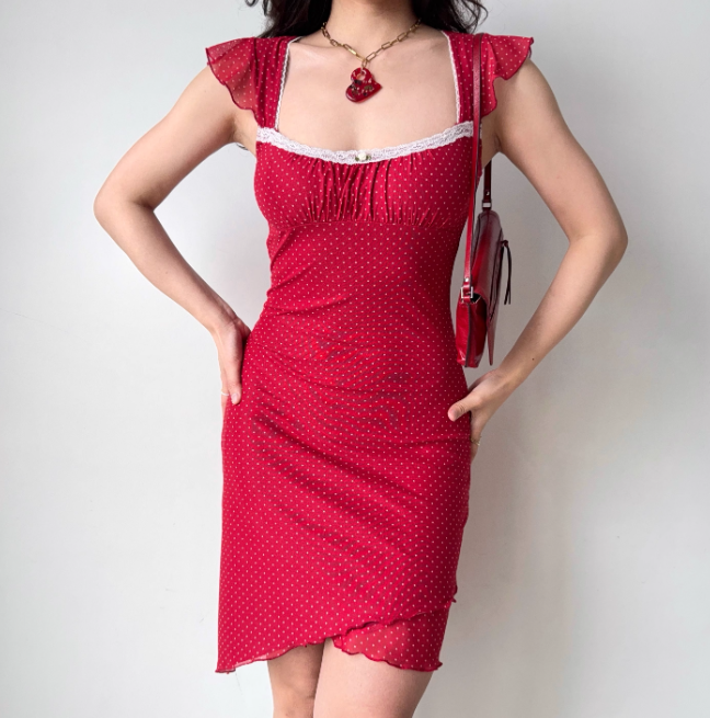 Cute Summer Dress Square Neck Polka Dot Short Skirt Women Teenage Girl Vacation Seaside Date Dress D2281