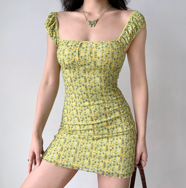Cute Summer Dress Square Neck Short Fitted Print Skirt Women Teenage Girl Vacation Date Party Dress D2283