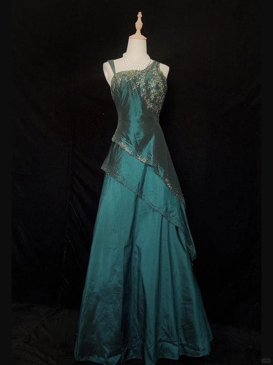 Robe de bal de fin d'année, bretelles asymétriques, perles, robe de soirée à volants, robe de gala, robe de dîner d'affaires D2292