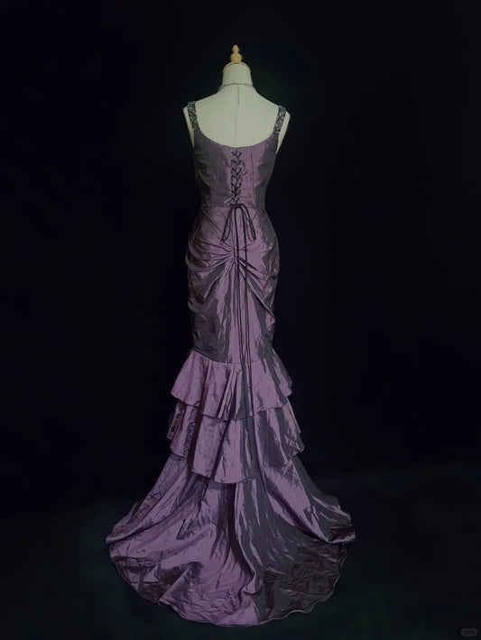 Robe de bal élégante à bretelles spaghetti, robe sirène plissée à volants, robe de soirée, robe de gala D2293
