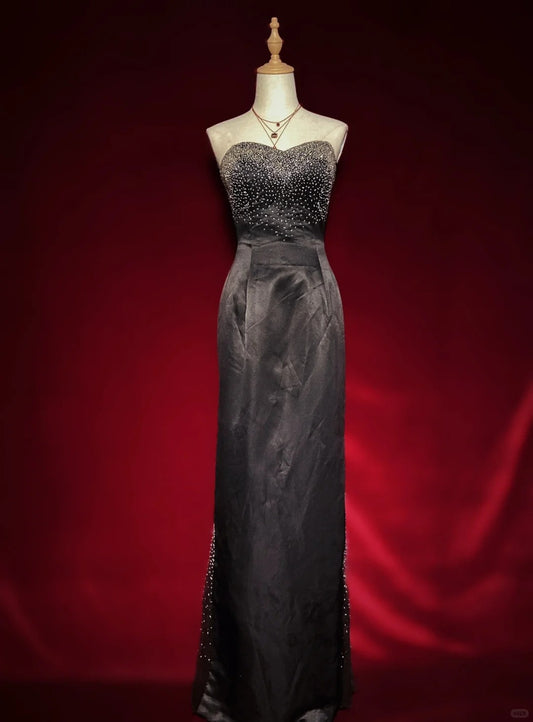 Robe de bal longue élégante, décolleté en cœur, robe de soirée perlée, robe de gala, robe de dîner d'affaires D2295