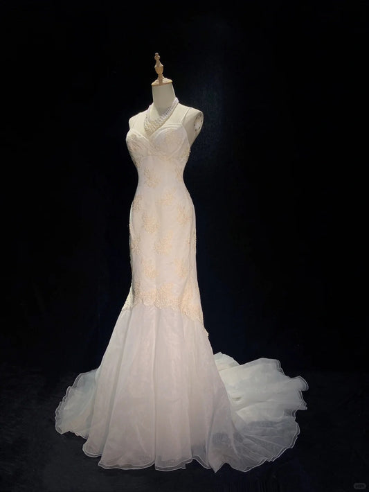 Elegantes Brautkleid Spaghettiträger Spitzenschleppe Brautkleid Abendkleid Galakleid D2304