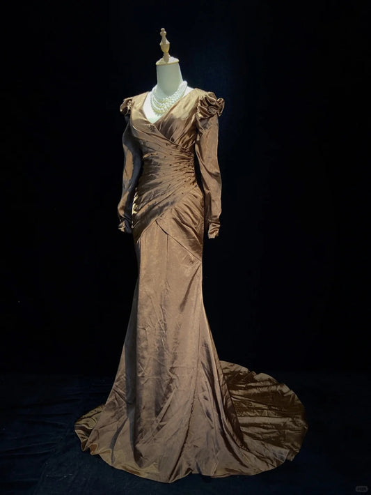 Robe de bal élégante, col en V, plissée, longueur au sol, robe de soirée, robe de gala, robe de dîner d'affaires D2305