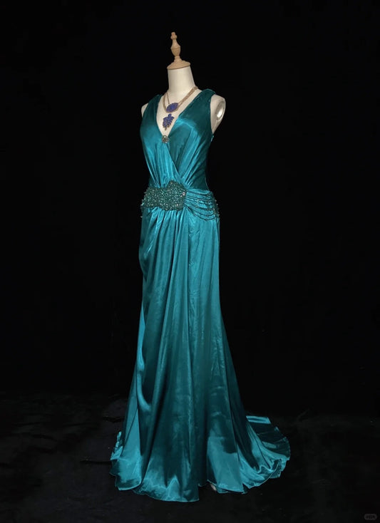 Superbe robe de bal à col en V, plissée, à perles, robe de soirée, robe de gala, robe de dîner d'affaires D2307