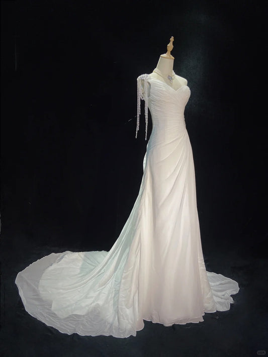 Elegantes Brautkleid Asymmetrischer Ausschnitt Plissee Brautkleid Abendkleid Galakleid Ballkleid D2310