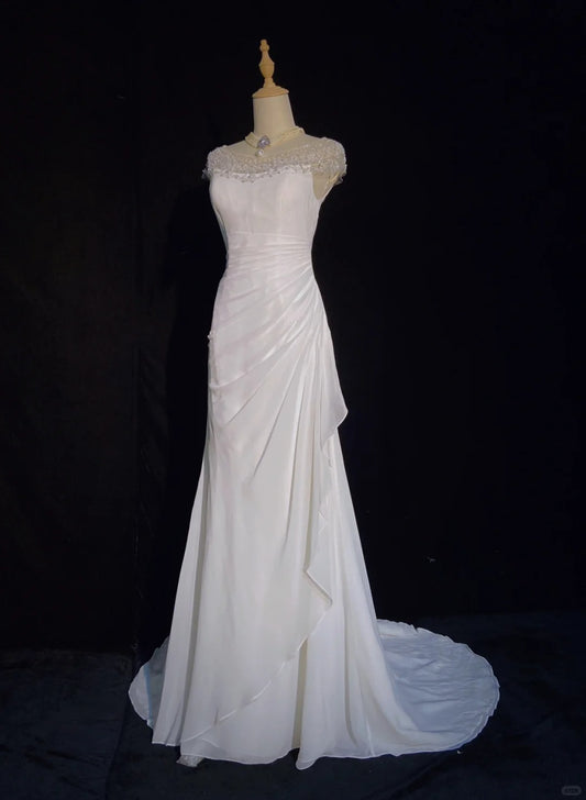 Charming Prom Dress Crew Neck Beading Pleated Floor Length Business Dinner Dress Evening Dress Gala Dress D2317