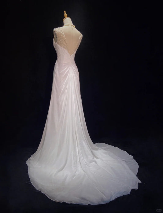 Charmante robe de bal à col en V et perles, robe de gala plissée, robe de soirée d'affaires D2318